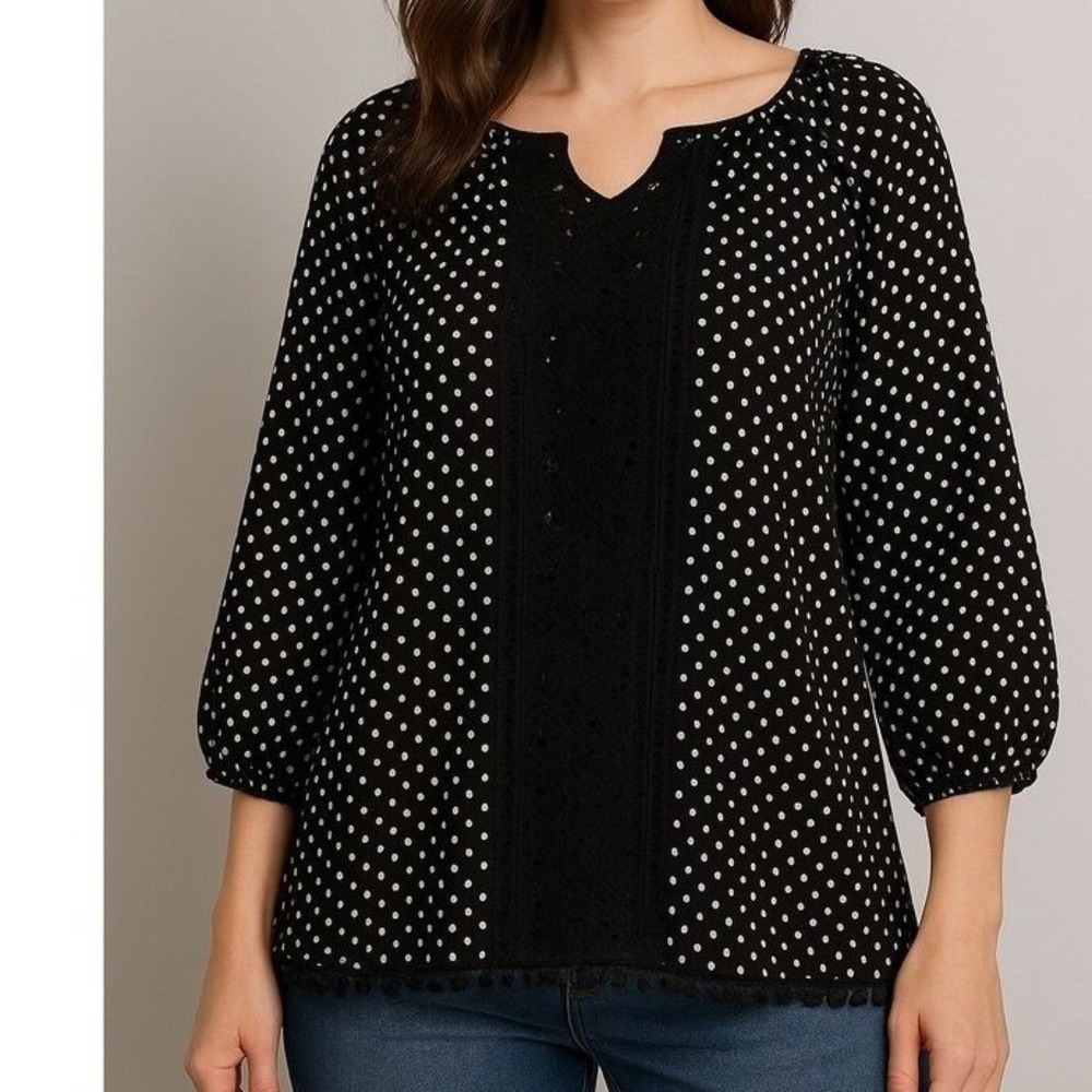 Women My Michelle Polka Dot Blouse‎ XL Black White Boho Casual Top Lq